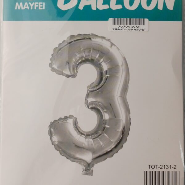 Casey 102cm Silver Balloon Number.3 Retail Packaging No