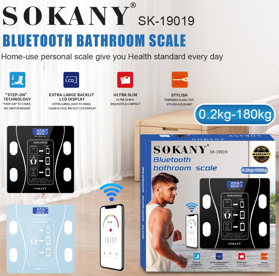 csy-sk19019blu Sokany 180KG Bluetooth Bathroom Scale Blue - Image 1