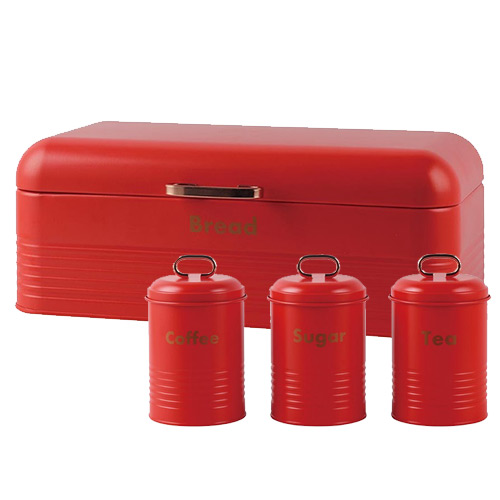 TH105-RED Totally 4-Piece Retro Breadbin and Canister Tin Set Combo Red - Image 1